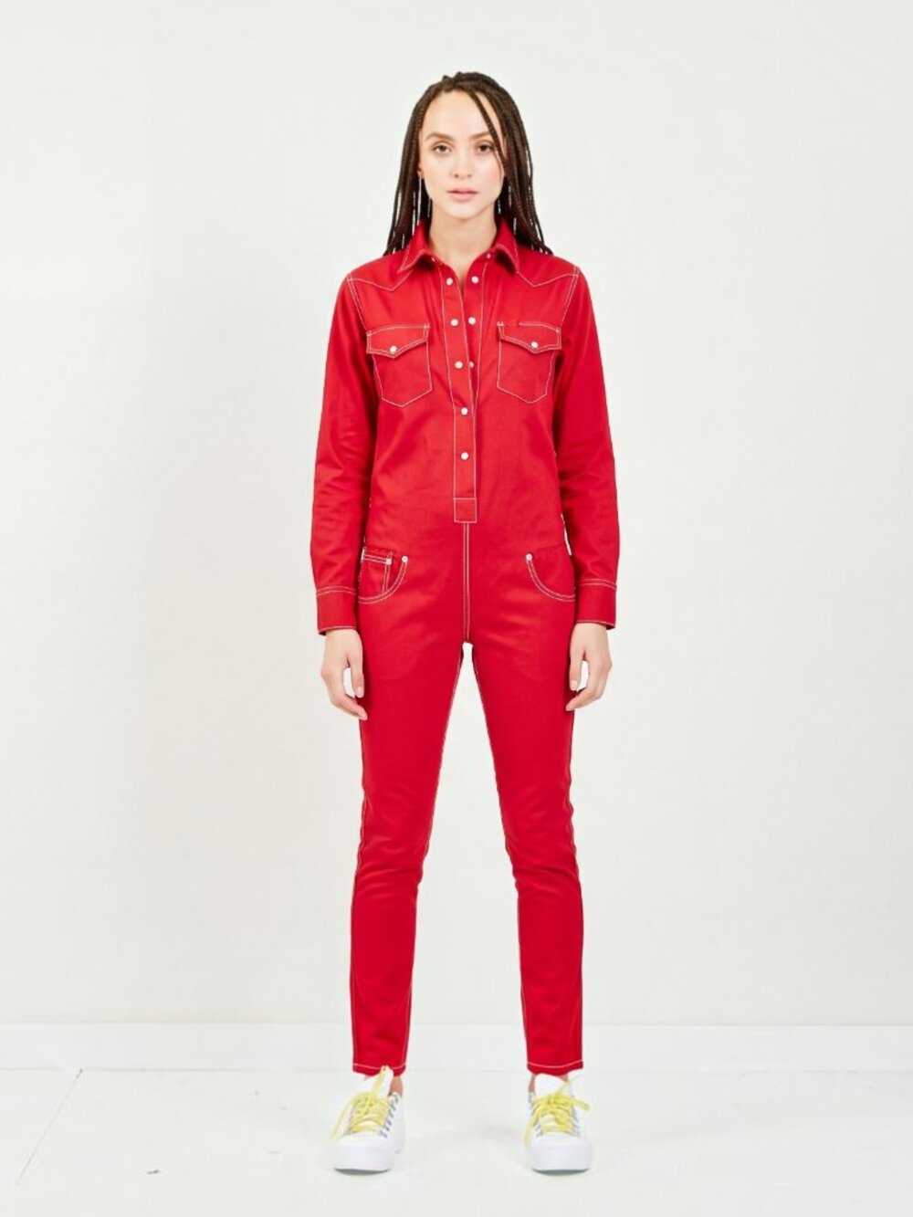 NWOT Denimist Cowboy Jumpsuit Vibrant Red Cropped Loose Fit 100% Cotton XS $395